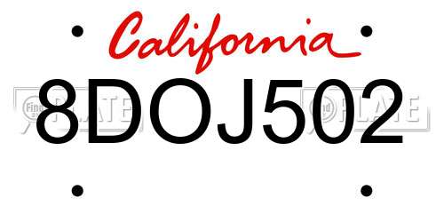 8DOJ502 California License Plate