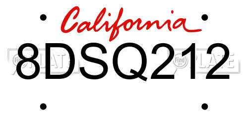 8DSQ212 California License Plate