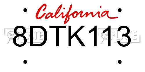 8DTK113 California License Plate