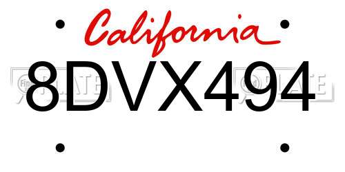 8DVX494 California License Plate
