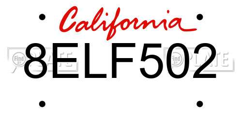 8ELF502 California License Plate