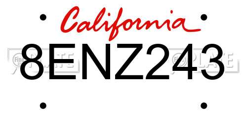 8ENZ243 California License Plate