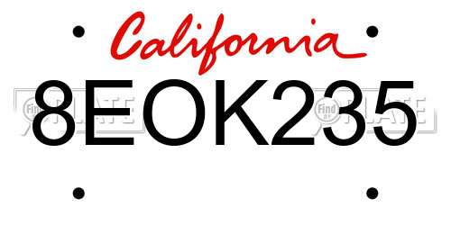 8EOK235 California License Plate