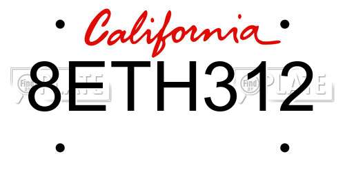 8ETH312 California License Plate