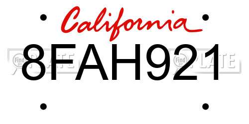 8FAH921 California License Plate