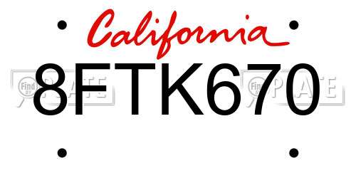 8FTK670 California License Plate