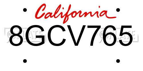 8GCV765 California License Plate