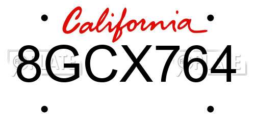 8GCX764 California License Plate