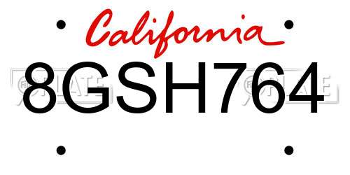8GSH764 California License Plate