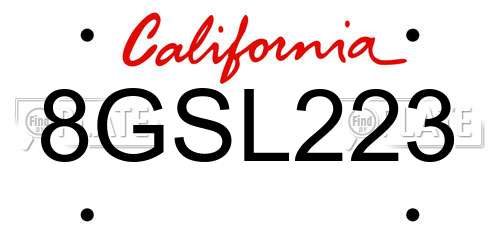 8GSL223 California License Plate