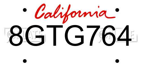 8GTG764 California License Plate