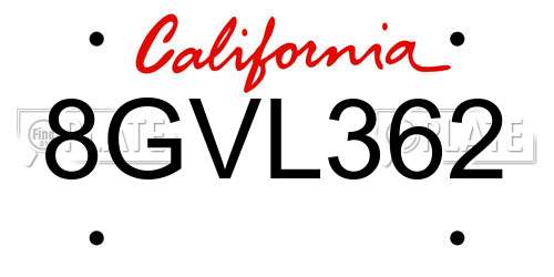 8GVL362 California License Plate