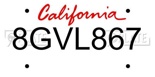8GVL867 California License Plate