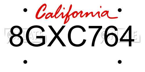 8GXC764 California License Plate