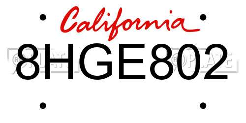 8HGE802 California License Plate