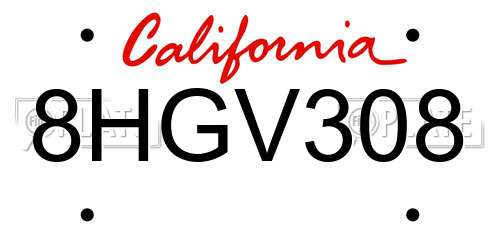 8HGV308 California License Plate