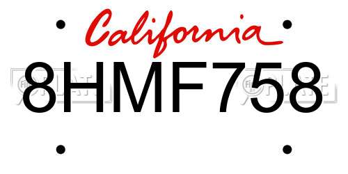 8HMF758 California License Plate