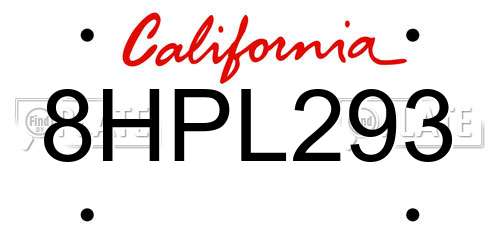 8HPL293 California License Plate