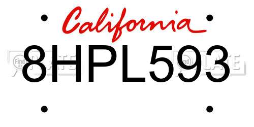 8HPL593 California License Plate