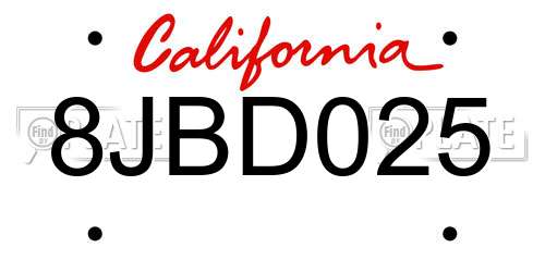 8JBD025 California License Plate