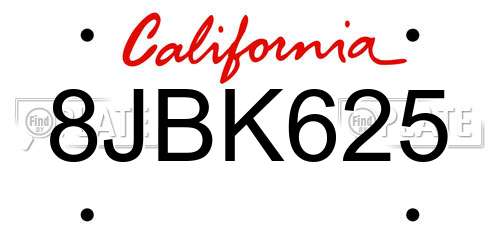 8JBK625 California License Plate