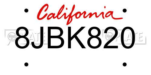 8JBK820 California License Plate