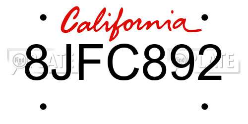 8JFC892 California License Plate