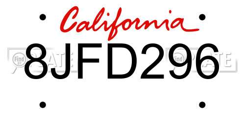 8JFD296 California License Plate