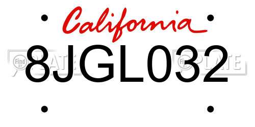 8JGL032 California License Plate