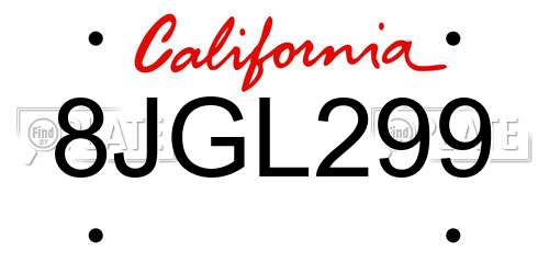 8JGL299 California License Plate