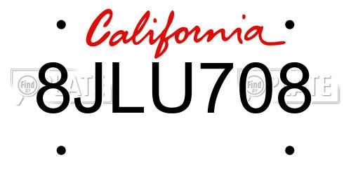 8JLU708 California License Plate