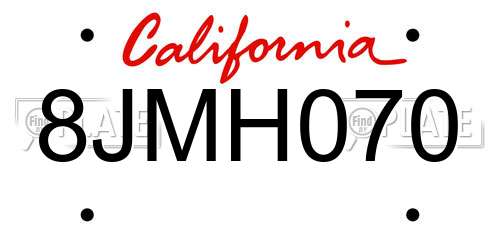 8JMH070 California License Plate