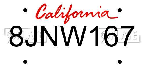 8JNW167 California License Plate