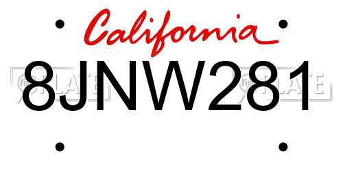 8JNW281 California License Plate