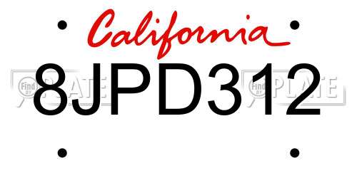 8JPD312 California License Plate