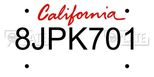 8JPK701 California License Plate