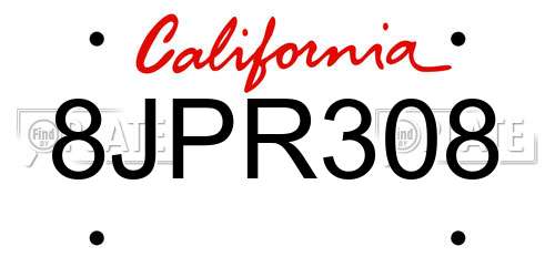 8JPR308 California License Plate