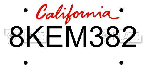 8KEM382 California License Plate