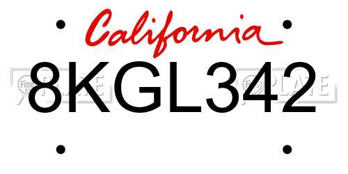 8KGL342 California License Plate