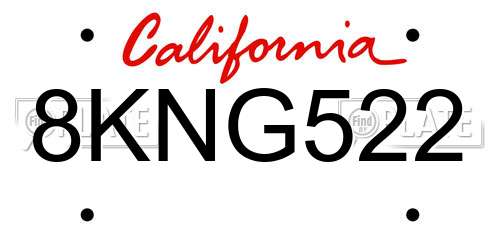8KNG522 California License Plate