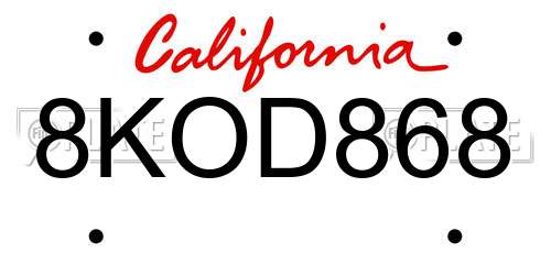 8KOD868 California License Plate