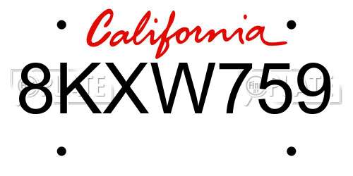8KXW759 California License Plate