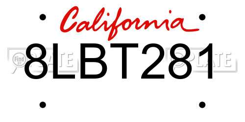 8LBT281 California License Plate