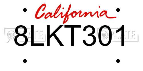 8LKT301 California License Plate