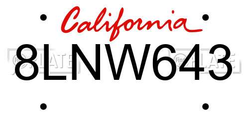 8LNW643 California License Plate