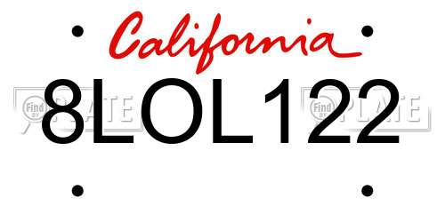 8LOL122 California License Plate