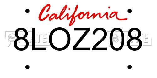 8LOZ208 California License Plate