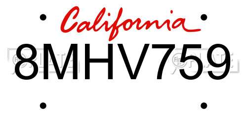 8MHV759 California License Plate