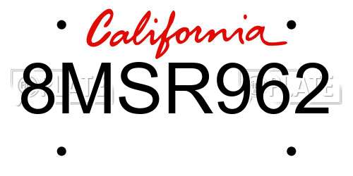 8MSR962 California License Plate