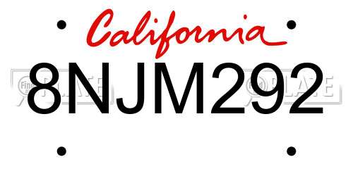 8NJM292 California License Plate